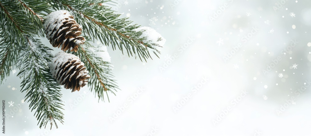 Fototapete Christmas with a pine branch on a holiday backdrop. with copy space image. Place for adding text or design