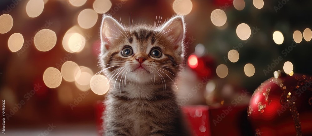 Poster Small amusing kitten on a Christmas backdrop close up. with copy space image. Place for adding text or design