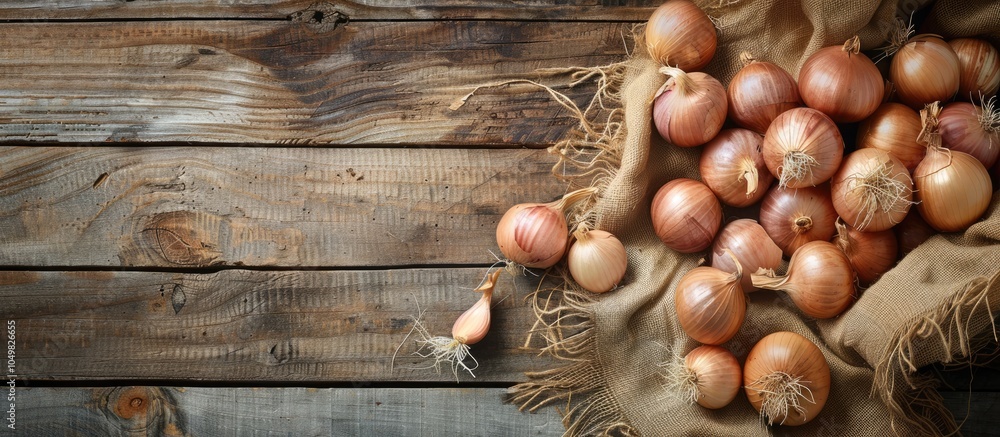 Aufkleber Fresh onion bulbs on a rustic wooden table with copyspace Top view