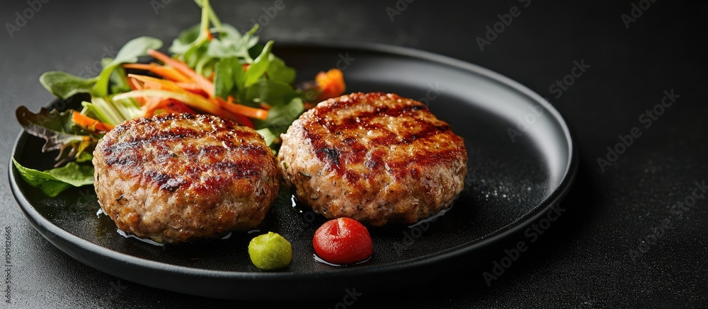 Poster japanese style pork and herbal oba patty accompanied by mixed vegetables providing a comforting meal