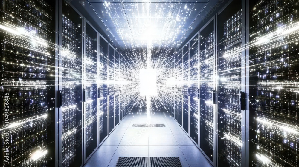 Poster abstract digital scene showing a secure server as the core, with dynamic data streams flowing in fro