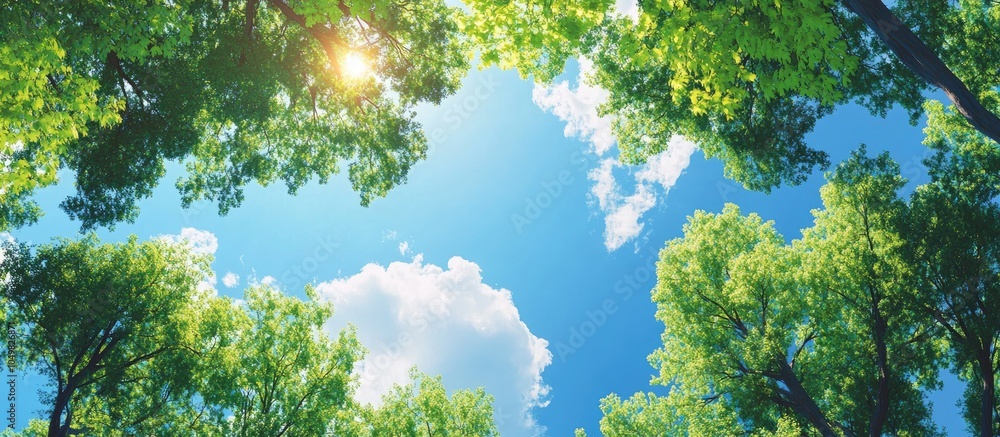 Poster the blue sky and green leaves of the trees created a beautiful view in summer. with copy space image