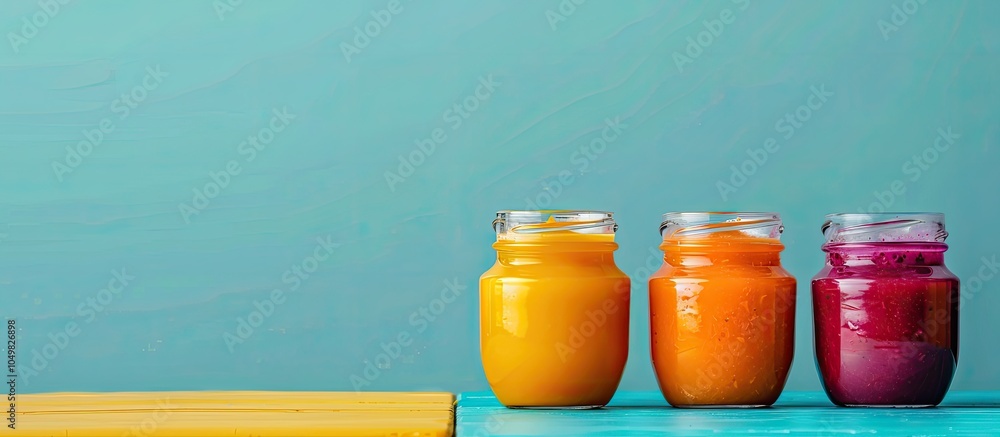 Leinwandbilder jars of fresh homemade puree set against a blue background three varieties of baby food apple plum a