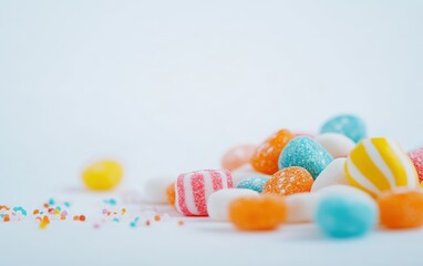 Colorful Candy: A small pile of assorted colorful candy pieces, adding a pop of brightness on a white background 