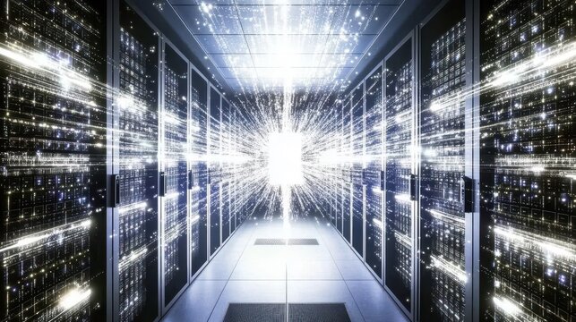 Abstract digital scene showing a secure server as the core, with dynamic data streams flowing in from all directions, representing big data management.