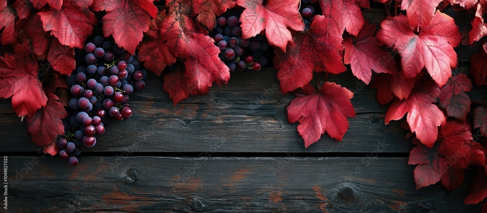 Poster red grape leaves on a wooden backdrop autumn scenery. with copy space image. place for adding text o