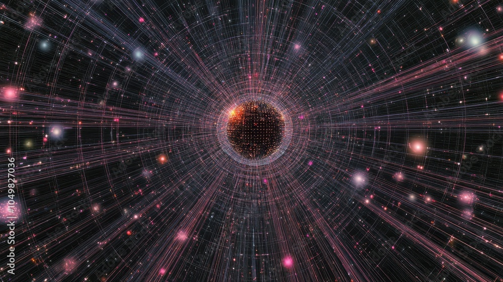 Poster abstract visualization of big data flow in a network, with bright data streams converging at a centr