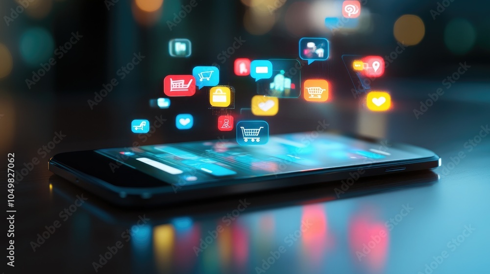 Poster 3d smartphone display with shopping and delivery icons for social media app shopping concept. digita