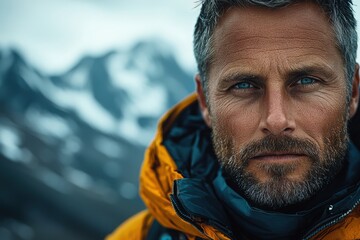 A rugged man in a bright jacket standing against dramatic mountain backdrop in daylight