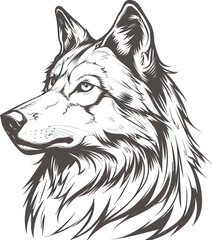 Naklejka premium Wolf Head Illustration Wildlife Nature Canine Predator Animal Black White Sketch Drawing Logo Design Tattoo Wild Hunter Howling Canine Mammal Wildlife Art Realistic Detailed Portrait Side View