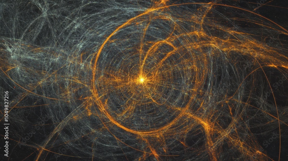 Poster abstract visualization of big data flow in a network, with bright data streams converging at a centr