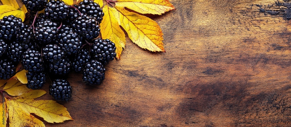 Aufkleber clusters of black elderberry fruits sambucus nigra alongside yellow leaves on a wooden surface top v