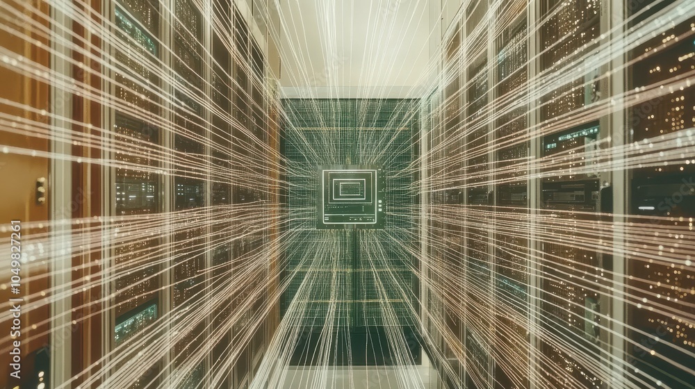 Poster abstract visualization of data flow towards a secure central server, with lines of light representin