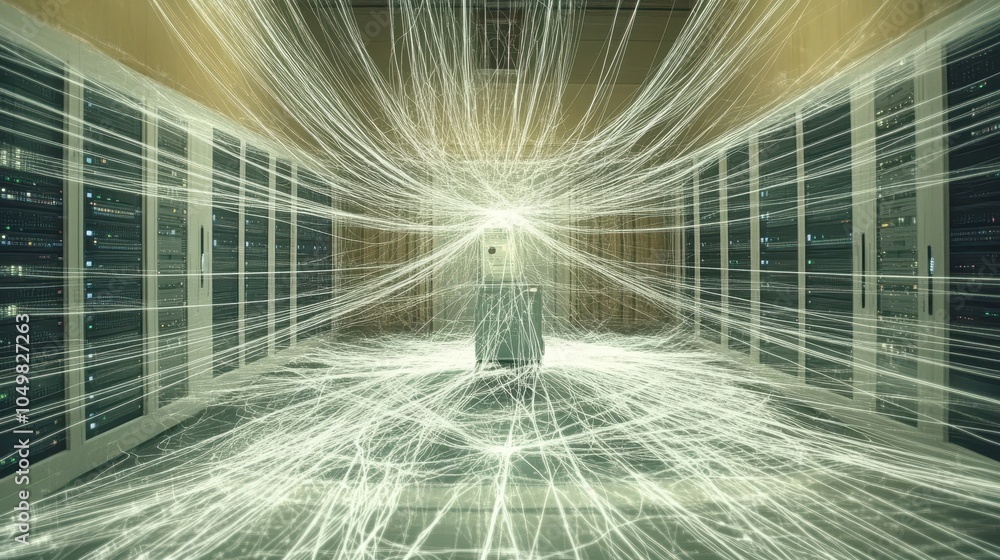 Poster abstract visualization of data flow towards a secure central server, with lines of light representin