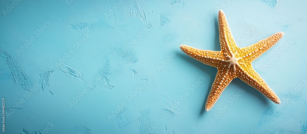 Poster Flat lay photo of a starfish on a blue table top view with copy space for showcasing your product summer theme