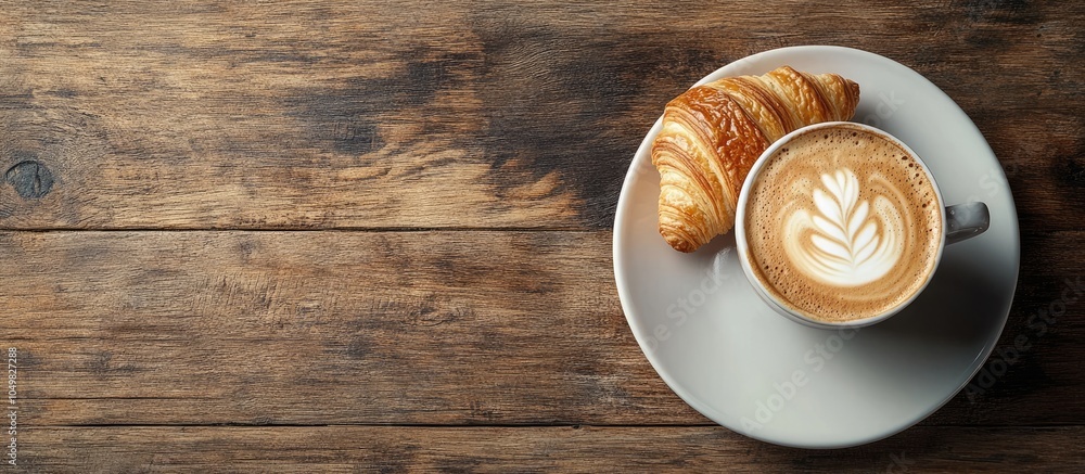 Poster cappuccino and a fresh croissant on a wooden table top view with copyspace