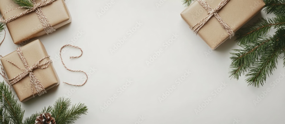 Poster christmas and new year flatlay of gift packaging gift boxes adorned with ribbons and twine laid out 