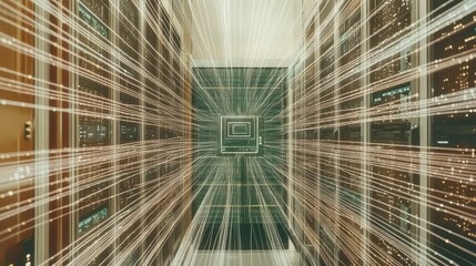 Abstract visualization of data flow towards a secure central server, with lines of light representing big data transfer across a complex digital network.
