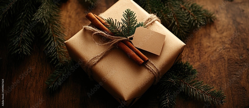 Aufkleber Christmas gift wrapped in Kraft paper featuring a label for writing and adorned with a cinnamon stick and spruce branch. with copy space image. Place for adding text or design