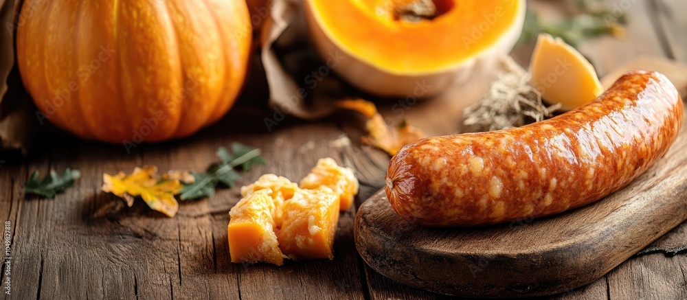 Aufkleber Pumpkin sausage prepared with pumpkin and cheese with copy space on the left and soft lighting