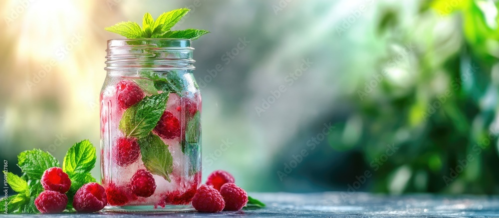 Leinwandbilder Mason jar filled with fresh raspberry mojito on a bright table. with copy space image. Place for adding text or design