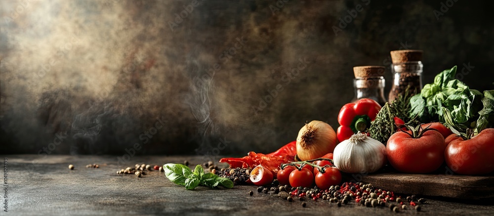 Aufkleber collection of vegetables and spices on the kitchen table. with copy space image. place for adding te