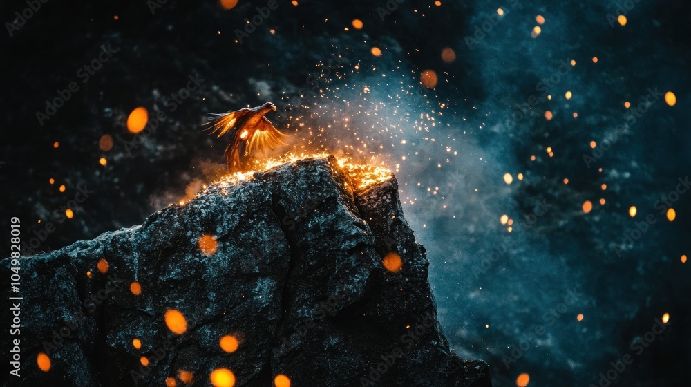 Poster a fiery bird perches on a clifftop with sparks flying around it, creating a mystical and ethereal sc