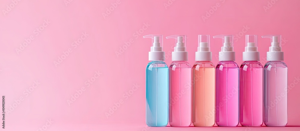Poster a collection of color bottles for cosmetic products on a pink background featuring copy space