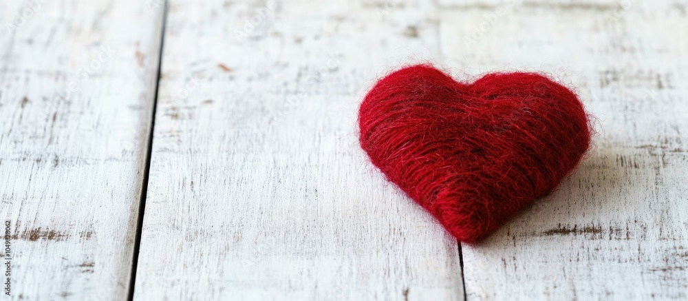 Leinwandbilder Red wool heart shape on a white wooden surface Valentine s Day image. with copy space image. Place for adding text or design