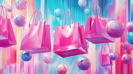 A vibrant scene of pink shopping bags suspended among floating spheres, set against a modern abstract background, capturing the playful spirit of retail.