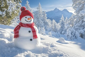 Obraz premium Cute snowman in snowy field, Frosty the snowman in forest setting during sunset. Wearing knit scarf and hat.