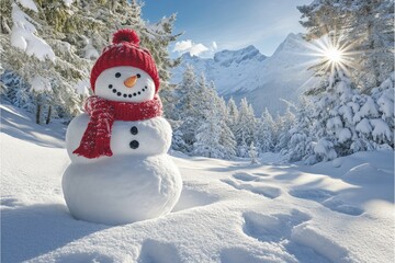 Obraz premium Cute snowman in snowy field, Frosty the snowman in forest setting during sunset. Wearing knit scarf and hat.