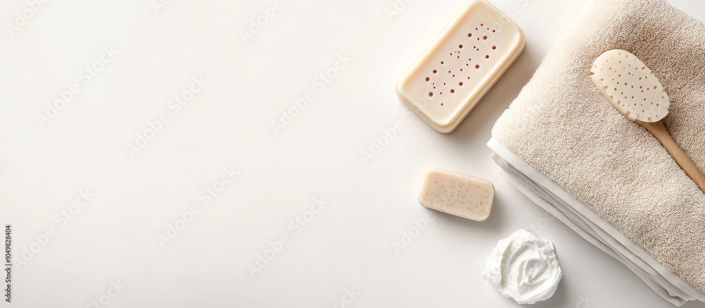 Poster glove case cream and bath soap on a white background hammam and spa theme top view flat lay copyspac