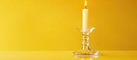 Obraz premium An acrylic candlestick holding a candle for home decoration against a yellow white background. with copy space image. Place for adding text or design