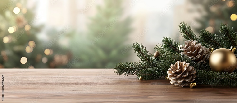 Fototapete christmas background decorations and fir branch on a wood table. with copy space image. place for ad