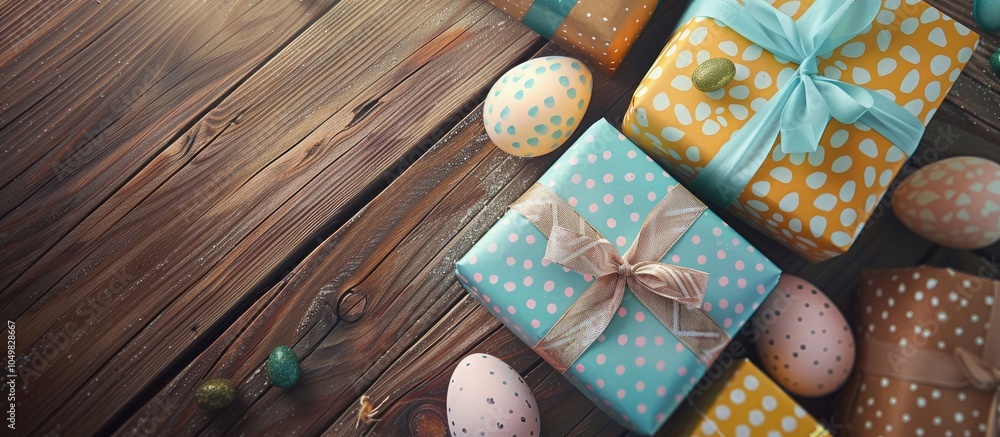Aufkleber Easter theme featuring decorative eggs and gift boxes on a wooden surface. with copy space image. Place for adding text or design