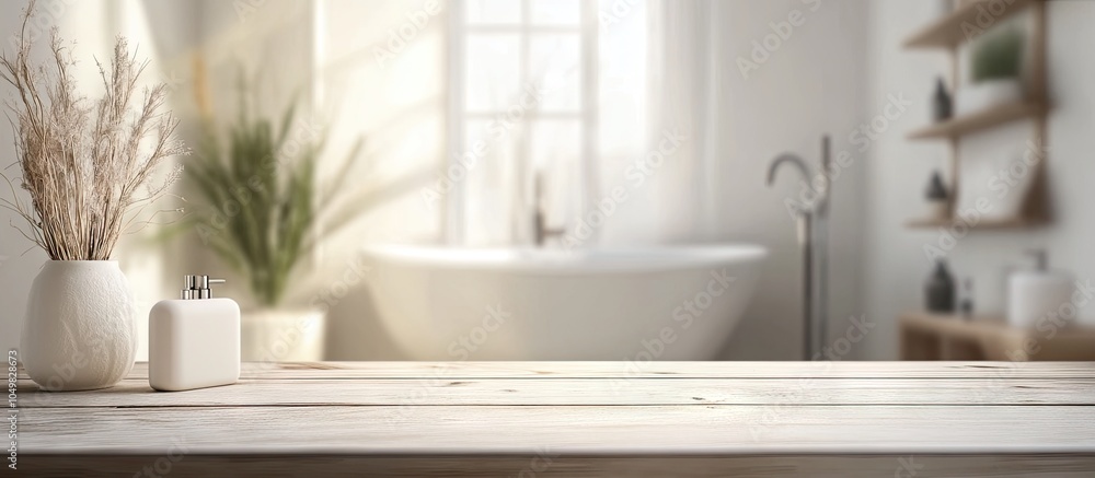 Aufkleber Clear tabletop for showcasing products with a blurred background of a bathroom interior. with copy space image. Place for adding text or design