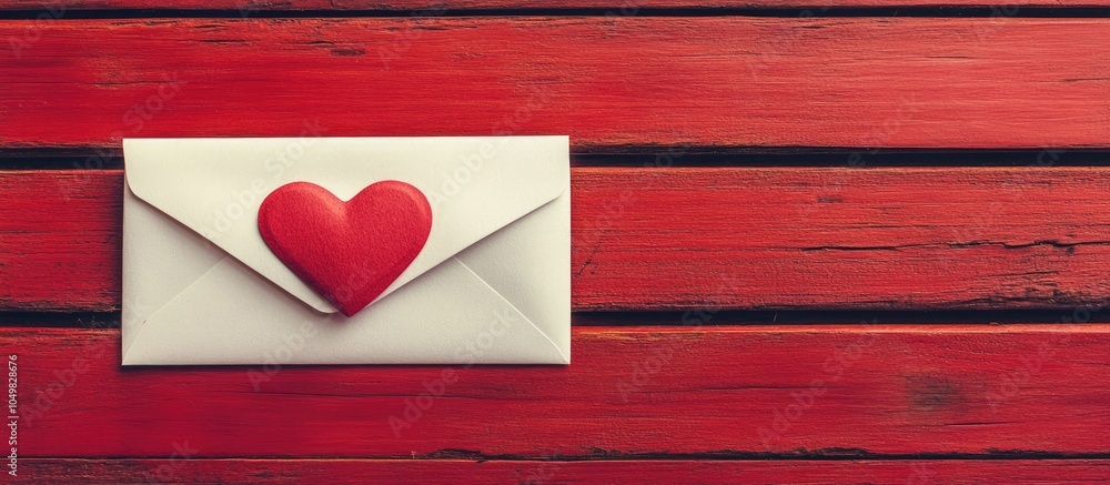 Aufkleber White paper love letter envelope featuring a red heart on a red background atop a red wood table with copyspace for your text here enhanced with retro style filters
