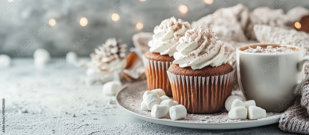 Fototapete Homemade cupcakes and hot cocoa with marshmallows. with copy space image. Place for adding text or design