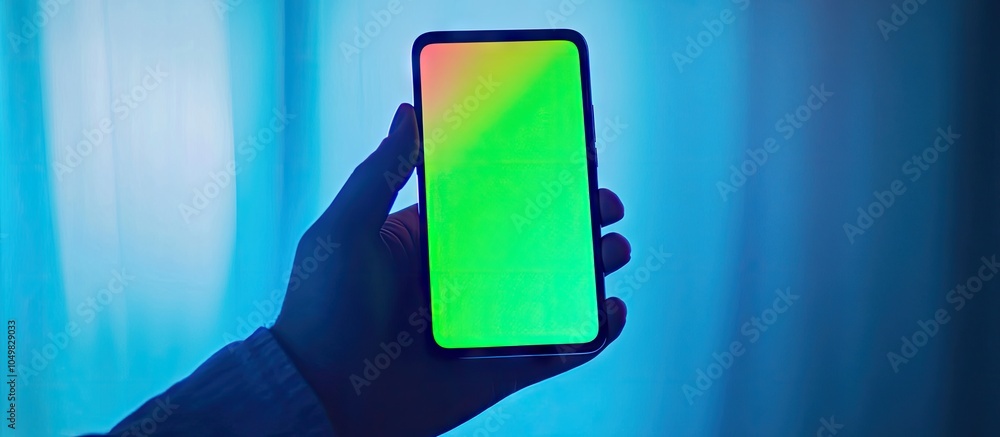 Poster a human hand grasps a modern smartphone featuring a blank chromakey screen in its palm this highligh