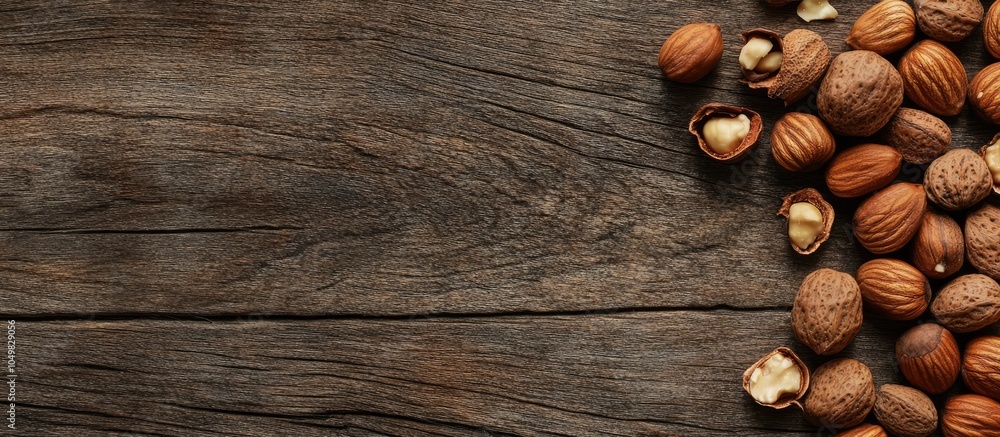 Poster top view of nuts on a wooden surface. with copy space image. place for adding text or design