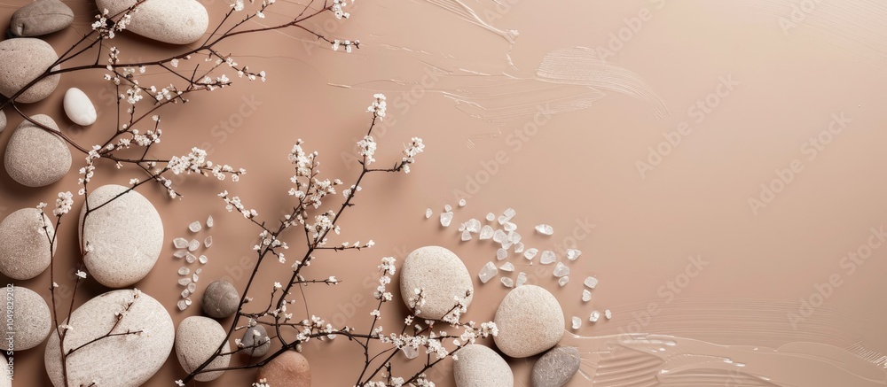 Aufkleber background for showcasing cosmetic products adorned with stones and dried twigs set against a brown 