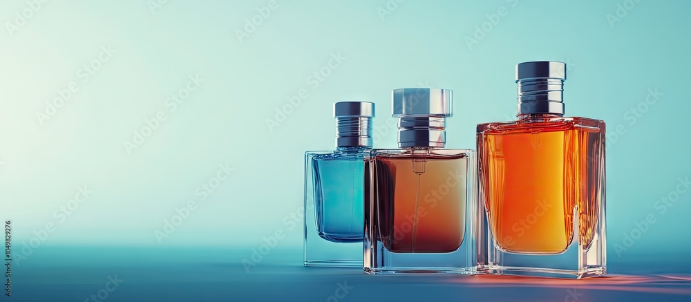 Poster close up of three perfume bottles against a blue background. with copy space image. Place for adding text or design