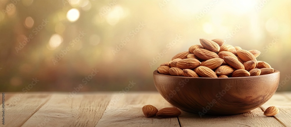 Poster almonds in a bowl on a wooden table background with copy space