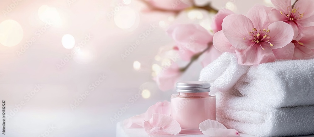 Poster soft towels and pink flowers mock up jar for spa cosmetics spa concept soft towels with copyspace