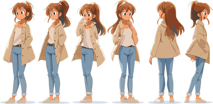 Anime girl character design sheet with different poses and emotions for animation Japanese cartoon style cute girl with brown hair in various views front side back comic character for animation game