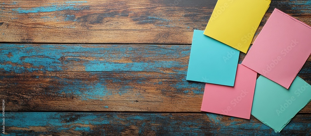 Poster Vibrant sticky notes on a wooden board. with copy space image. Place for adding text or design