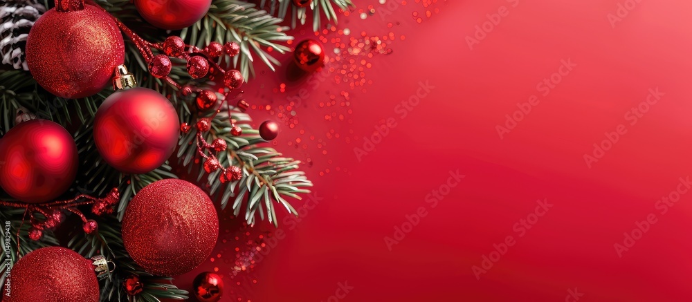 Poster Merry Christmas and Happy New Year card featuring red decorations. with copy space image. Place for adding text or design