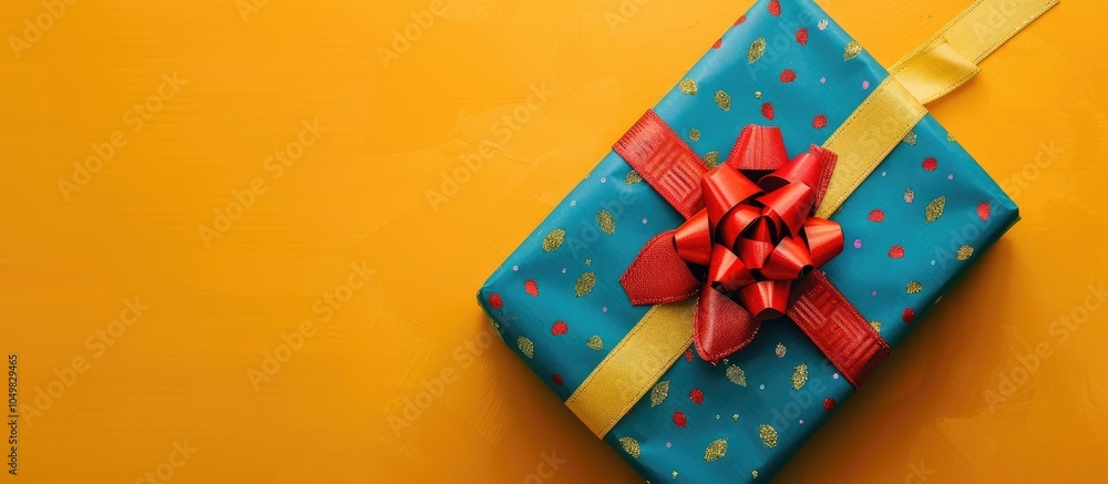 Poster Decorated colorful gift on a yellow background flatlay. with copy space image. Place for adding text or design