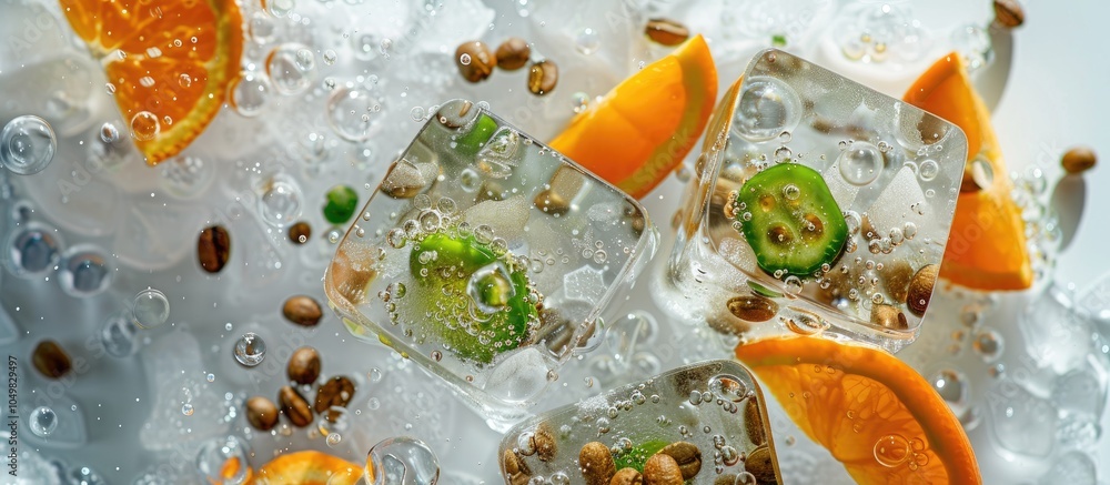 Poster background featuring orange balsamine and green coffee beans in an ice cube with air bubbles flat la
